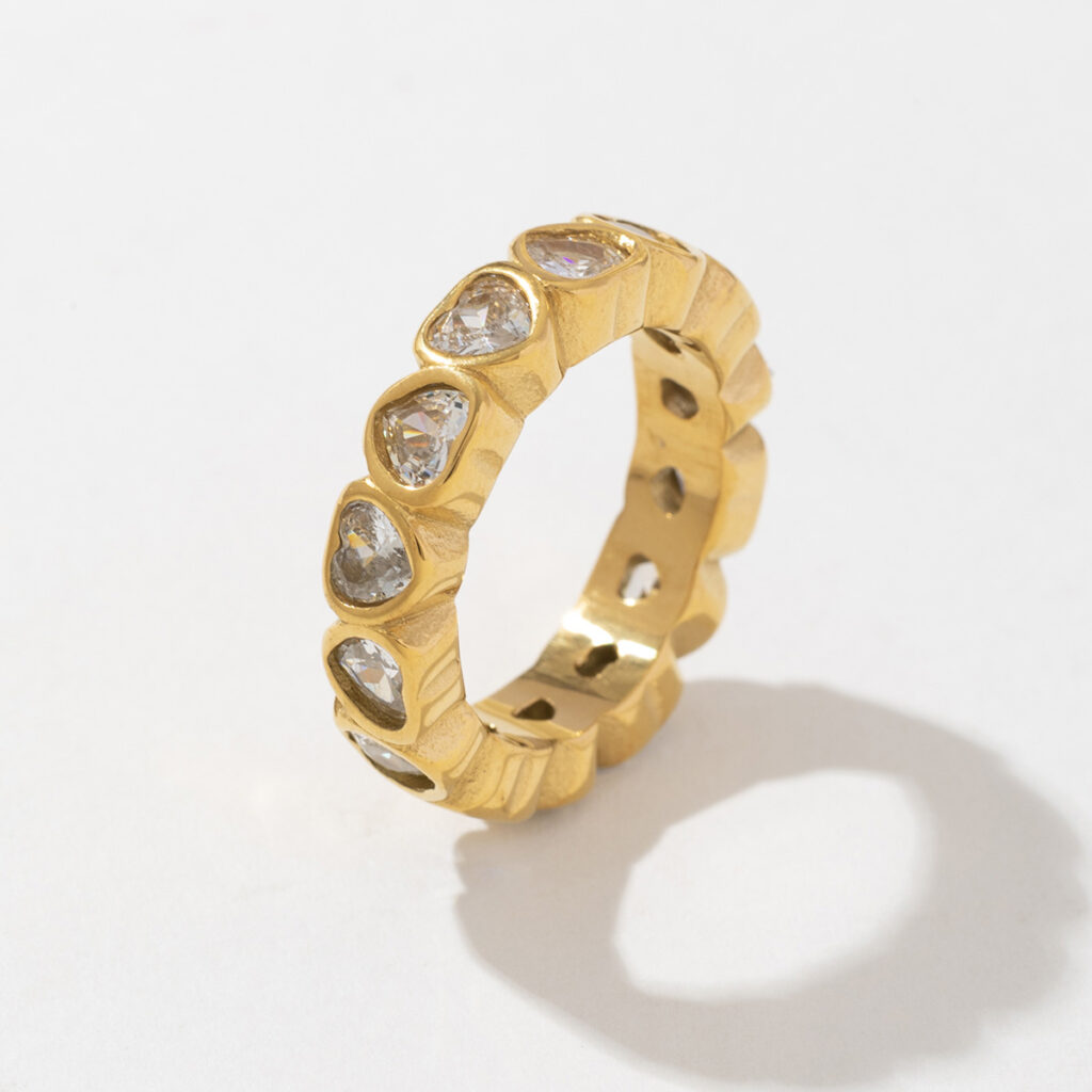 Women's 18K Gold Stainless Steel Gemstone Ring Waterproof Heart Crystal & Zircon Gold Plating Wedding Engagement Ring