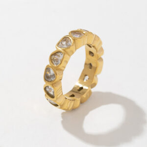 Women's 18K Gold Stainless Steel Gemstone Ring Waterproof Heart Crystal & Zircon Gold Plating Wedding Engagement Ring