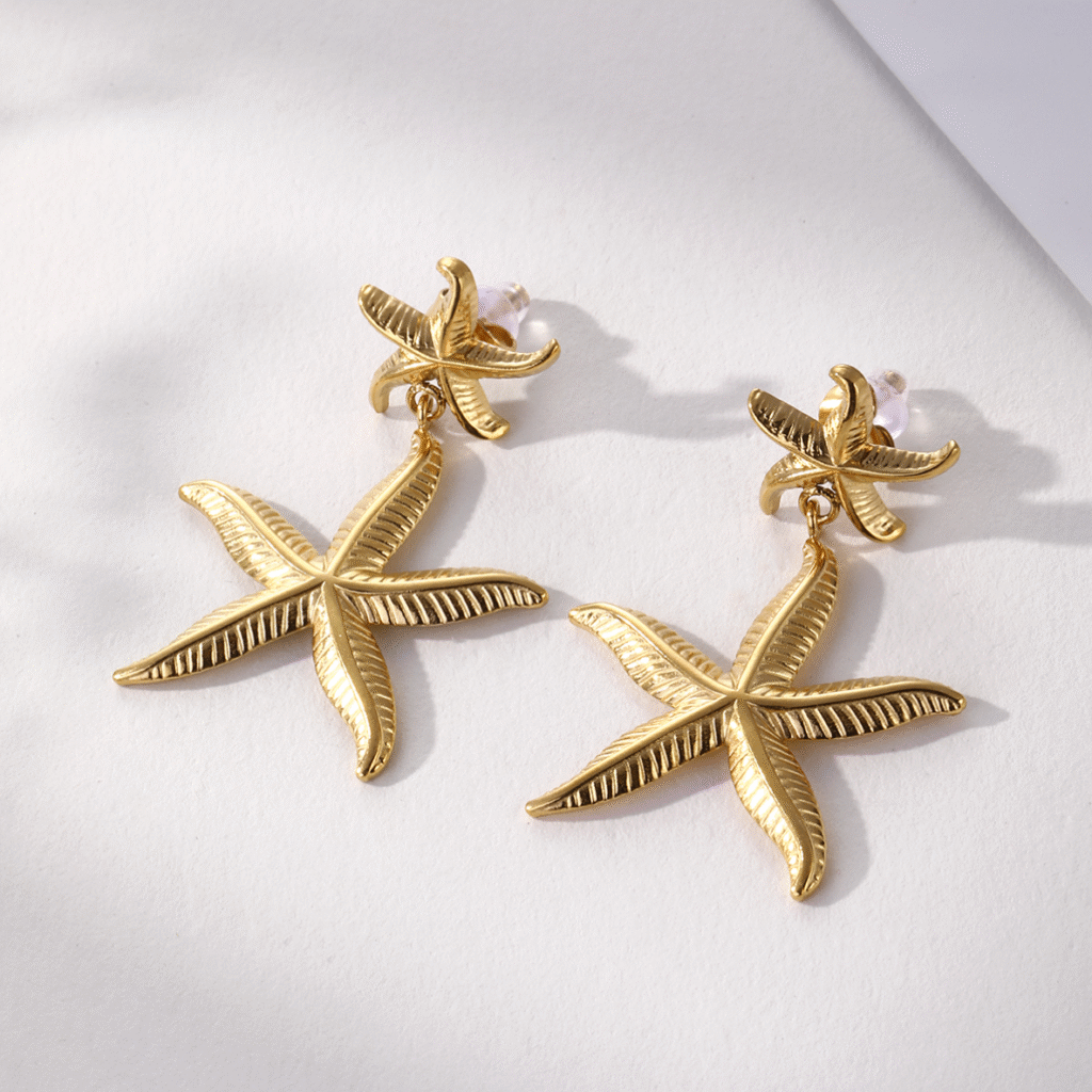 Minimalist 18k Gold Plated Stainless Steel Gold Starfish Dangle Beach Jewelry Weddings Two Gold Starfish Drop Earrings