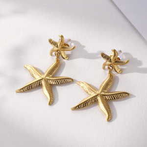 Minimalist 18k Gold Plated Stainless Steel Gold Starfish Dangle Beach Jewelry Weddings Two Gold Starfish Drop Earrings