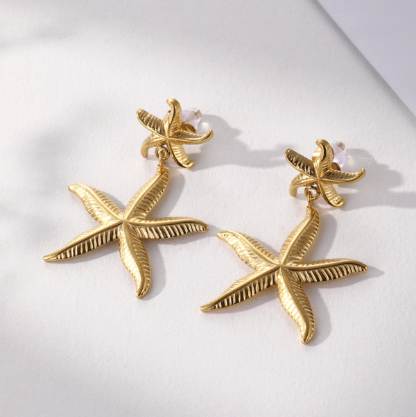 Minimalist 18k Gold Plated Stainless Steel Gold Starfish Dangle Beach Jewelry Weddings Two Gold Starfish Drop Earrings