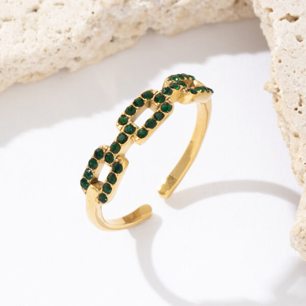Hot Selling Fashion Design Stainless Steel 18K Gold Hollow Square Link Chain Green Zircon Ring - Image 5