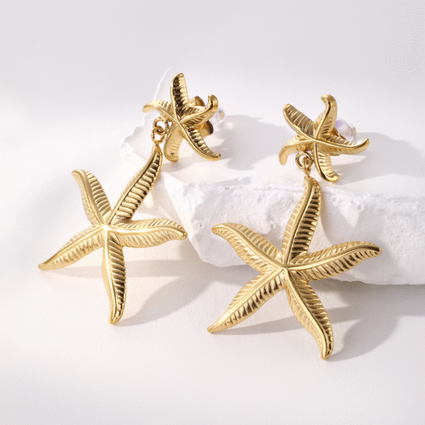 Minimalist 18k Gold Plated Stainless Steel Gold Starfish Dangle Beach Jewelry Weddings Two Gold Starfish Drop Earrings - Image 2