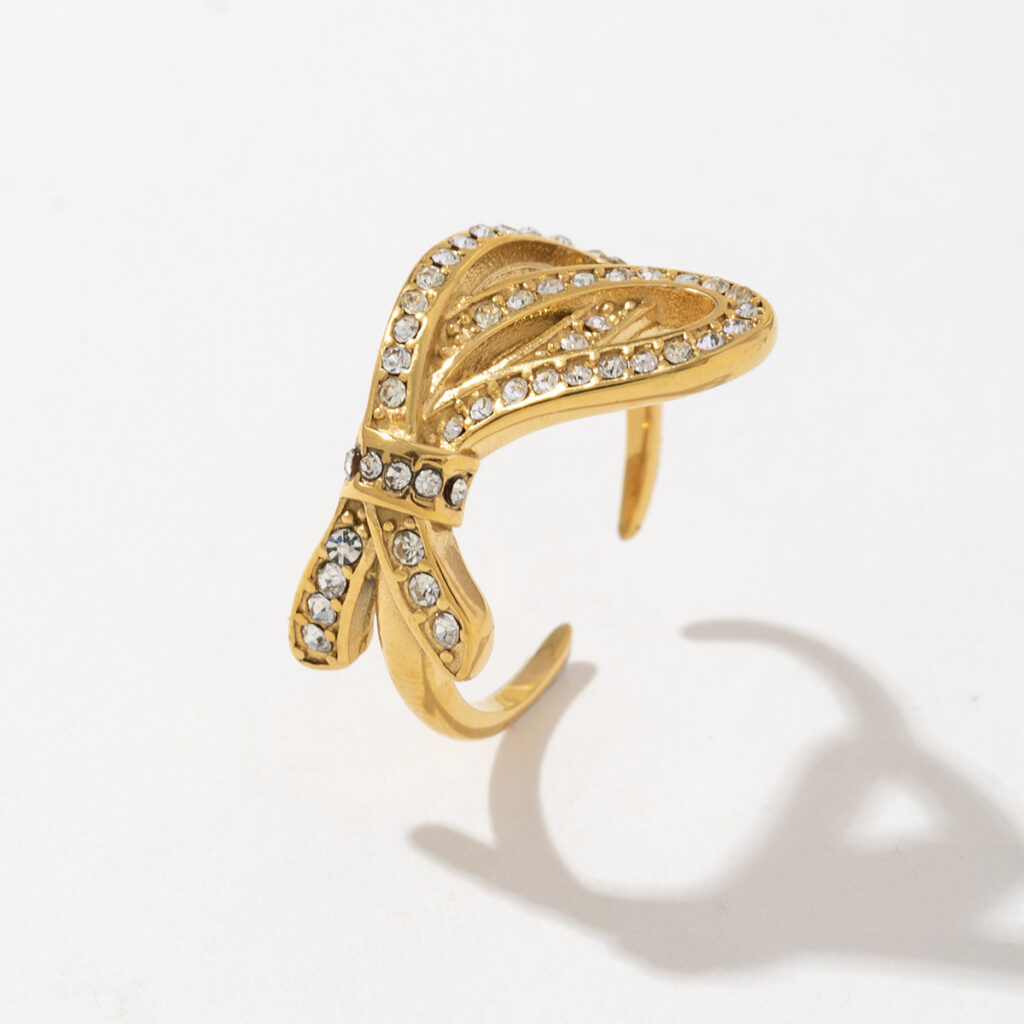 Elegant Lady Stainless Steel Classic Ring with 18K PVD Gold Plating 18 Karat Iced Zircon Stylish Bow Design