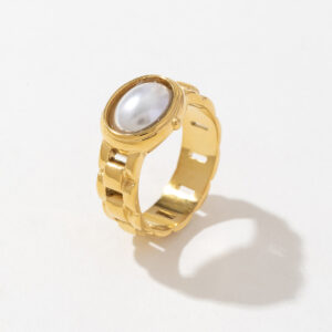 High Quality 18k PVD Gold Plated Stainless Steel Vintage Pearl Strap Chunky Ring