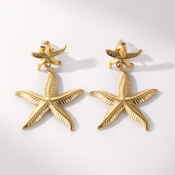 Minimalist 18k Gold Plated Stainless Steel Gold Starfish Dangle Beach Jewelry Weddings Two Gold Starfish Drop Earrings - Image 3
