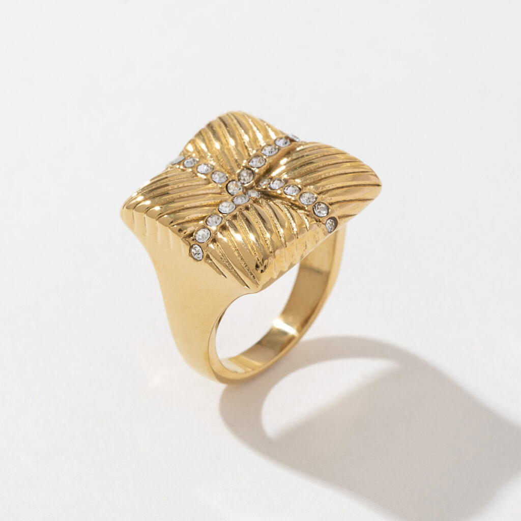 Stainless Steel Chunky Square Rhinestone Ring for Women Resizable Trendy Wedding Engagement Jewelry