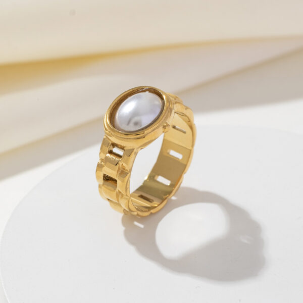 High Quality 18k PVD Gold Plated Stainless Steel Vintage Pearl Strap Chunky Ring - Image 4