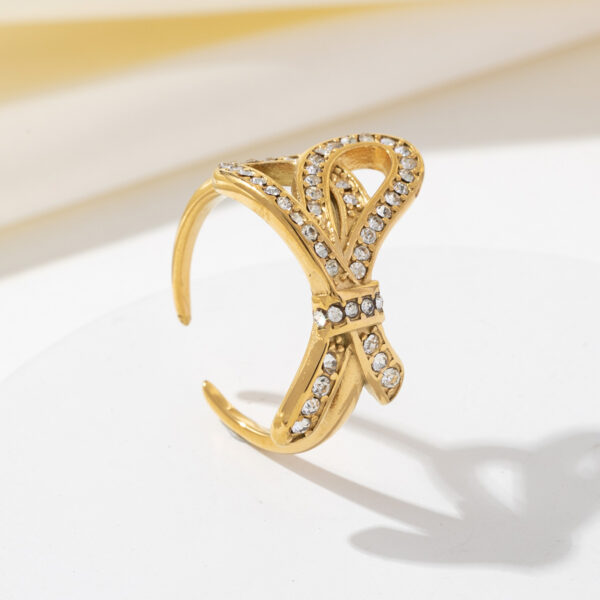 Elegant Lady Stainless Steel Classic Ring with 18K PVD Gold Plating 18 Karat Iced Zircon Stylish Bow Design - Image 4