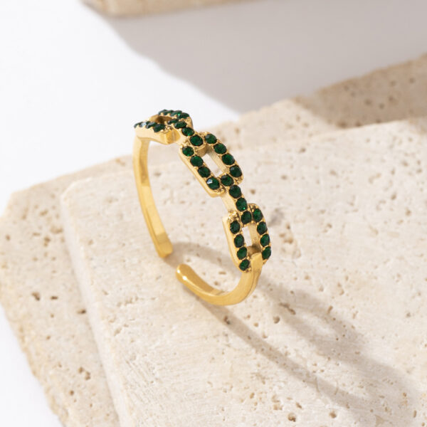 Hot Selling Fashion Design Stainless Steel 18K Gold Hollow Square Link Chain Green Zircon Ring - Image 4
