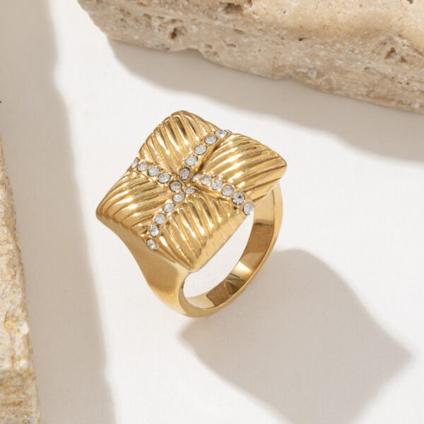 Stainless Steel Chunky Square Rhinestone Ring for Women Resizable Trendy Wedding Engagement Jewelry - Image 4