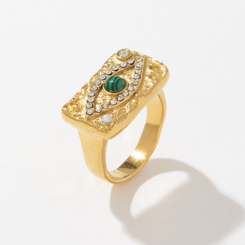 Women's Stylish Personalized Stainless Steel Golden Color Devil's Eye Square Stainless Steel Ring