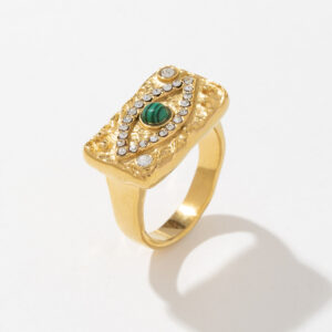 Women's Stylish Personalized Stainless Steel Golden Color Devil's Eye Square Stainless Steel Ring