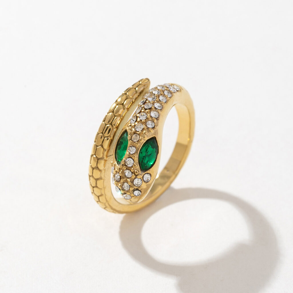 Adjustable Diamond Snake Ring Retro Trend Stainless Steel 18K Gold-Plated Unisex Trendy Style with Zircon Main Stone