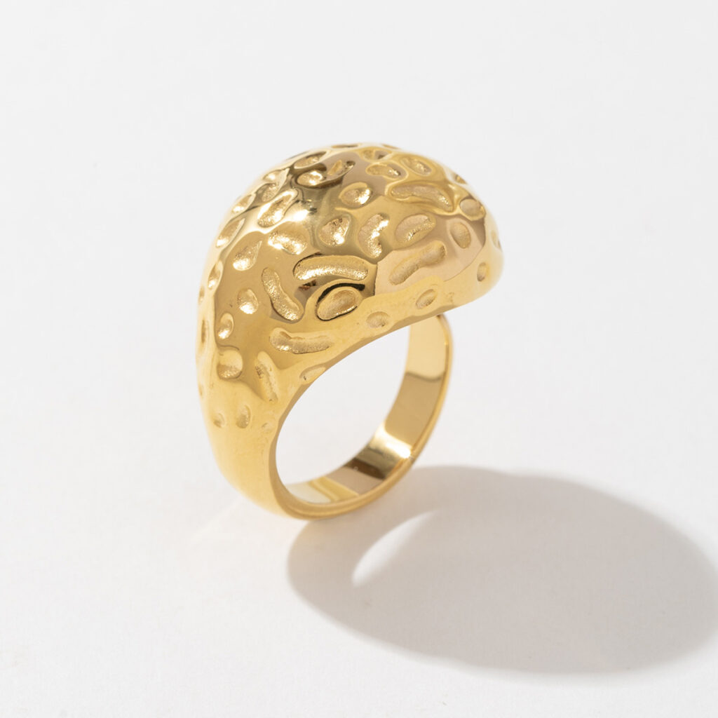 Water Drop Statement Ring Chunky Hammered Stainless Steel Waterproof Tarnish-Free for Wedding Engagement or Gift