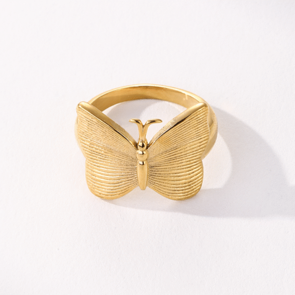 Women Jewelry New Stainless Steel Cast Fashion 18k Pvd Plated Waterproof Texture Gold Butterfly Ring