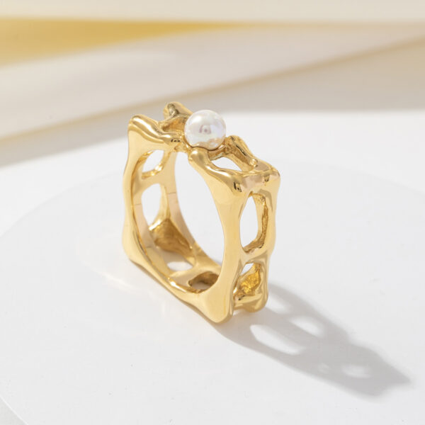 Trendy Hollow Design Weddings Parties Anniversaries Women's Stylish Stainless Steel Signet Pearl Ring Fashion Jewelry - Image 5