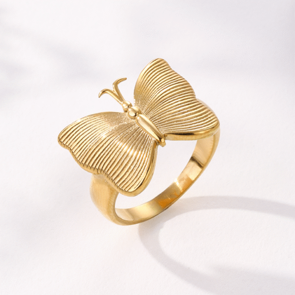 Women Jewelry New Stainless Steel Cast Fashion 18k Pvd Plated Waterproof Texture Gold Butterfly Ring - Image 2