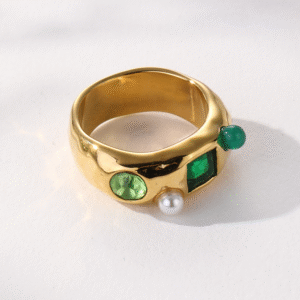 Minimalist Stainless Steel Women18K Gold Waterproof Polished Spring Shape Stunning Wide Glass Stone Cuff Gold Tone Stone Ring