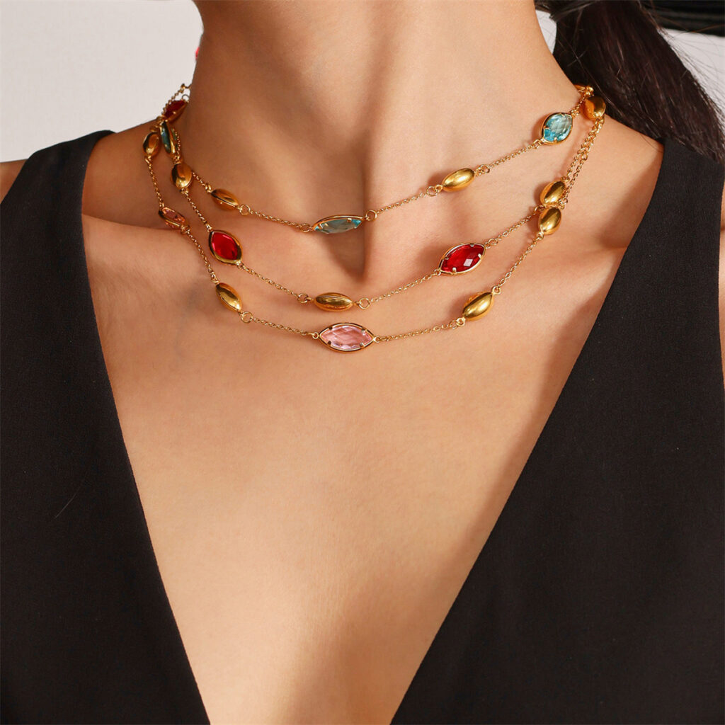 Stainless Steel with Multi Color Crystal Choker Necklaces for Women Daily Ladies Waterproof Accessories on Neck Fashion Jewelry