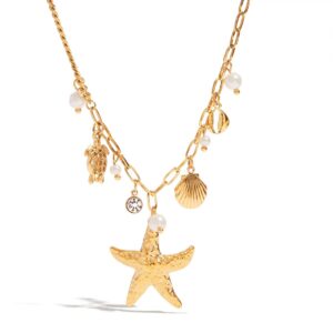 Fashion Stainless Steel Necklace with Gold-Plated Starfish Ocean Pendant for Women - Trendy Chain