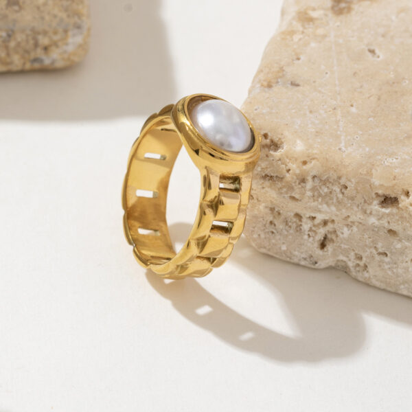 High Quality 18k PVD Gold Plated Stainless Steel Vintage Pearl Strap Chunky Ring - Image 2