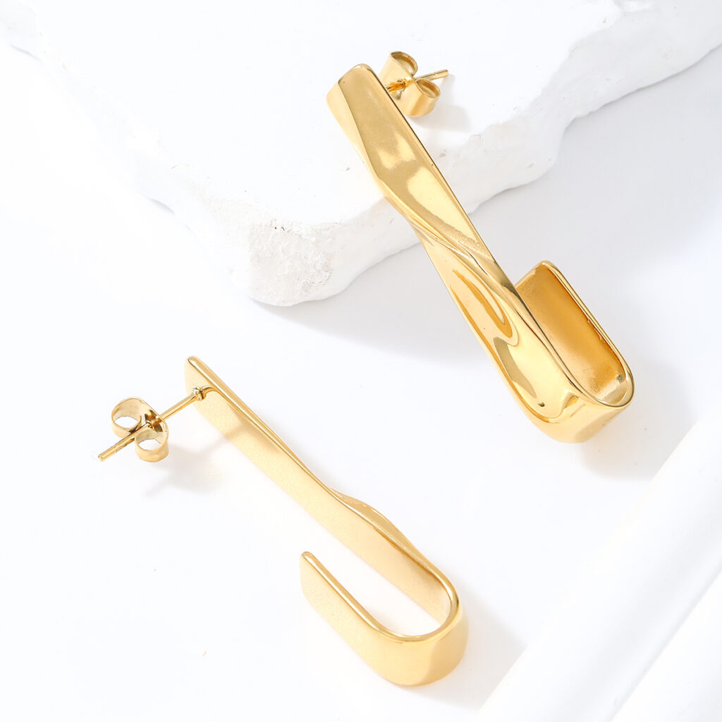 Women's Stainless Steel Minimalist Style J-Shaped Stud Earring Gold Irregular Geometric Design Featuring Zircon for Christians