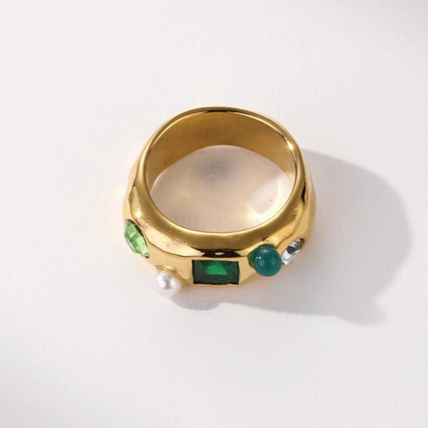 Minimalist Stainless Steel Women18K Gold Waterproof Polished Spring Shape Stunning Wide Glass Stone Cuff Gold Tone Stone Ring - Image 3