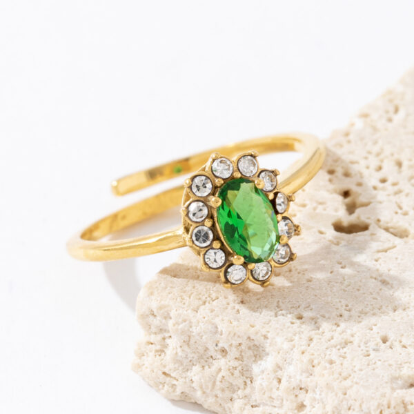 Fashion Women Jewelry Simple Design 18K Gold Plated Stainless Steel Green Zircon Flower Adjustable Open Rings - Image 6