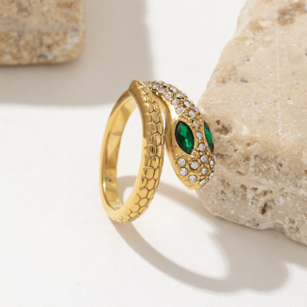 Adjustable Diamond Snake Ring Retro Trend Stainless Steel 18K Gold-Plated Unisex Trendy Style with Zircon Main Stone - Image 2