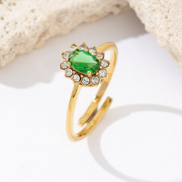 Fashion Women Jewelry Simple Design 18K Gold Plated Stainless Steel Green Zircon Flower Adjustable Open Rings - Image 5