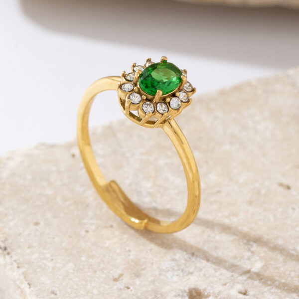 Fashion Women Jewelry Simple Design 18K Gold Plated Stainless Steel Green Zircon Flower Adjustable Open Rings - Image 4