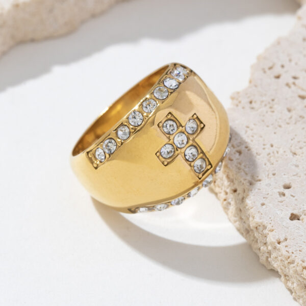 Fashion Minimalist Jewelry Women 18K Gold Plated 316L Stainless Steel Chunky Zircon Lady Cross Ring - Image 4