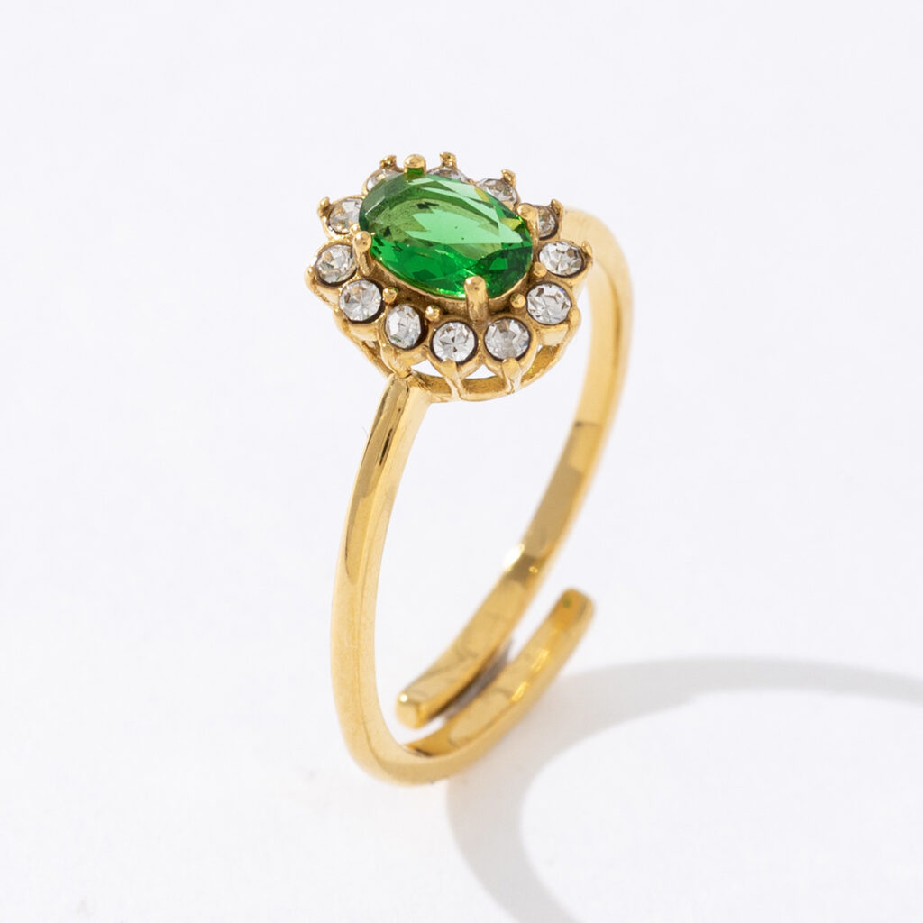 Fashion Women Jewelry Simple Design 18K Gold Plated Stainless Steel Green Zircon Flower Adjustable Open Rings