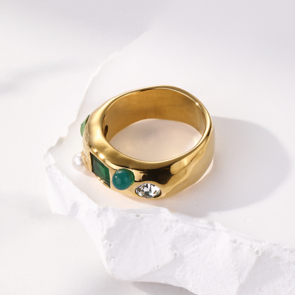 Minimalist Stainless Steel Women18K Gold Waterproof Polished Spring Shape Stunning Wide Glass Stone Cuff Gold Tone Stone Ring - Image 2