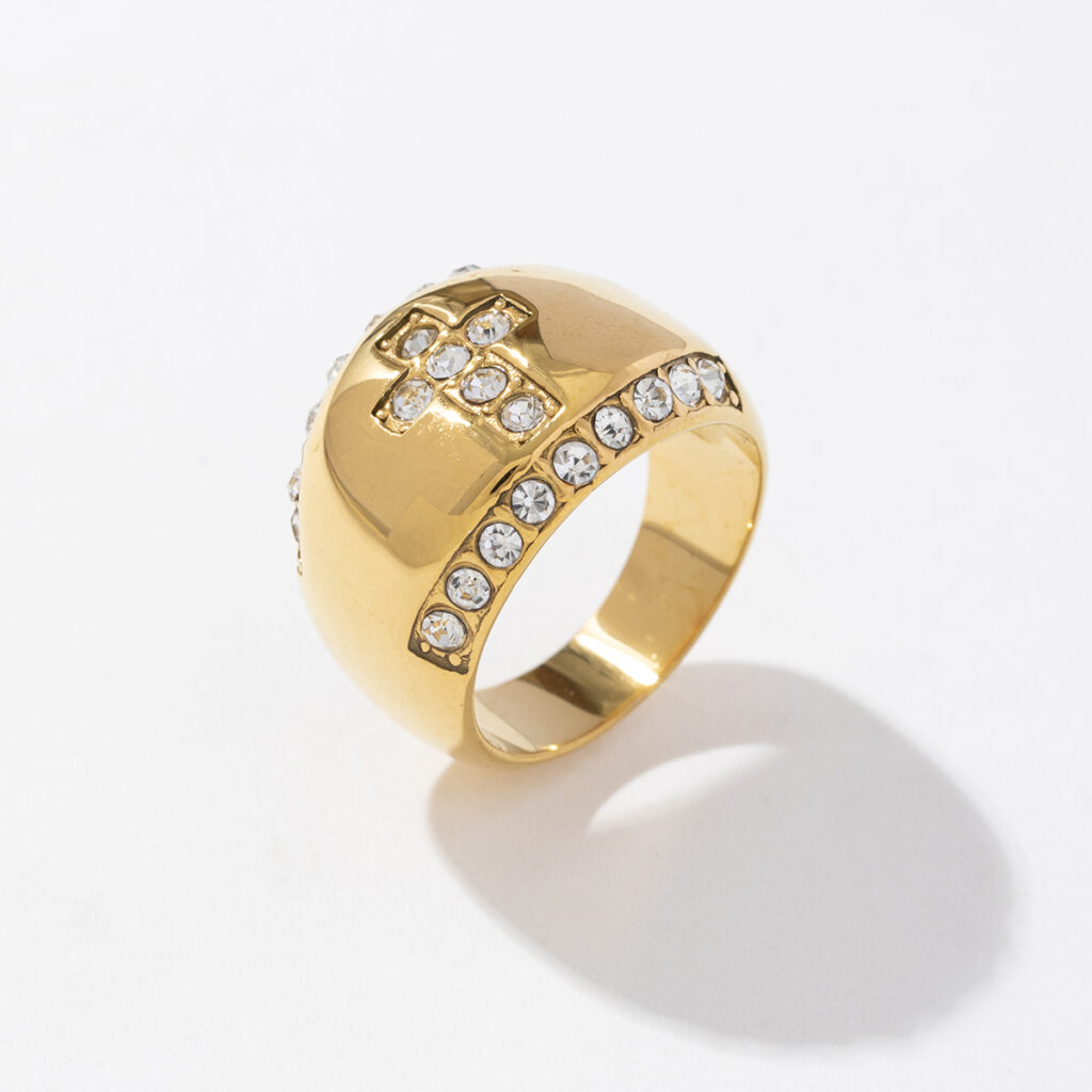 Fashion Minimalist Jewelry Women 18K Gold Plated 316L Stainless Steel Chunky Zircon Lady Cross Ring