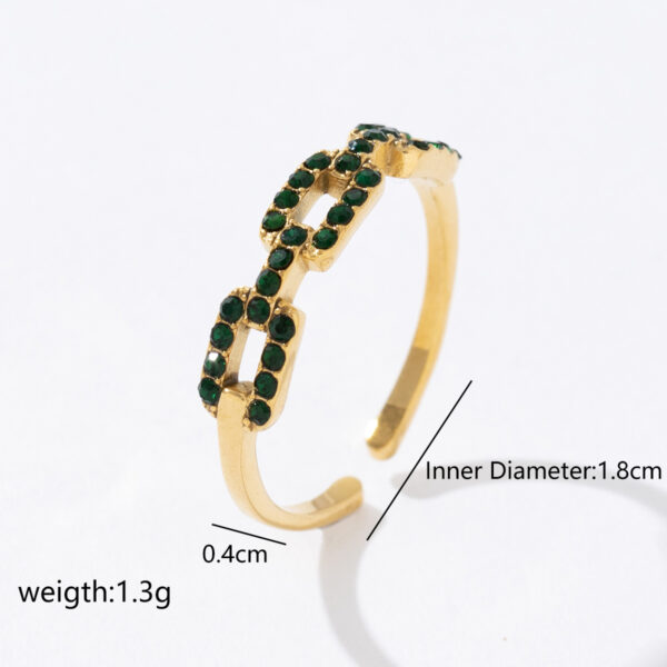 Hot Selling Fashion Design Stainless Steel 18K Gold Hollow Square Link Chain Green Zircon Ring - Image 3