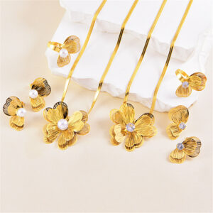 Gold Plated Stainless Steel Pearl Rhinestone Crystal Buds Flower Stud Earrings and Flower Pendant Necklace Jewelry Sets for Women Jewelry Gifts