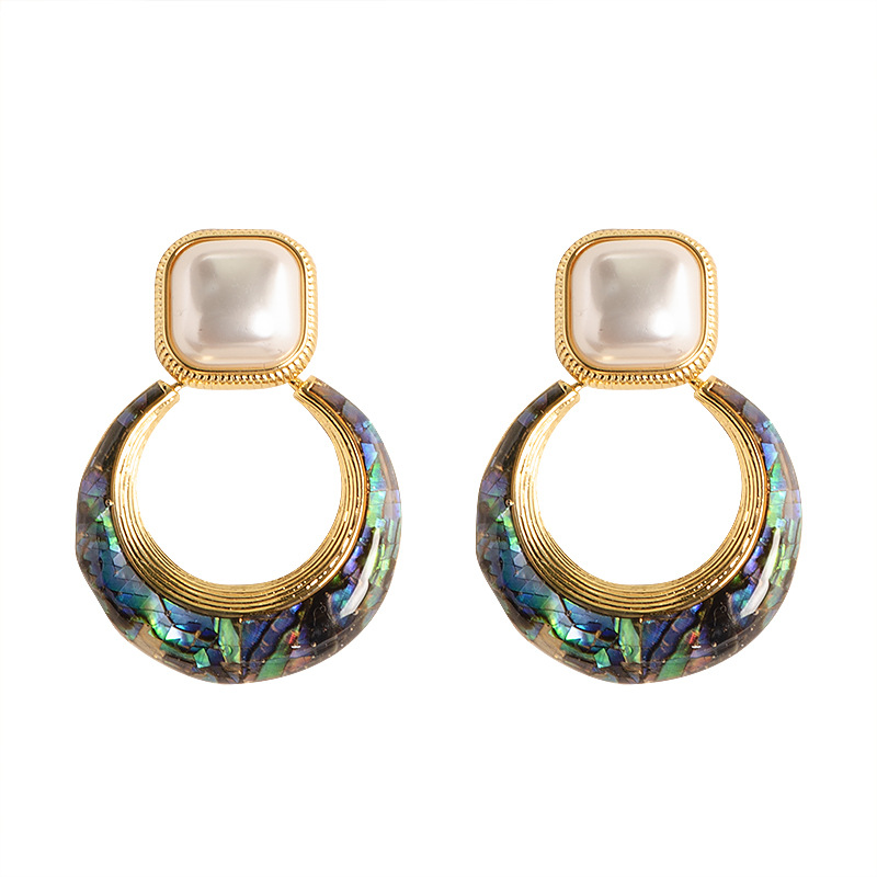 Fine Jewelry 925 Sterling Silver Post Square Pearl Stud Earrings Dangle Geometric Hollow Circle Round Paua Shell Drop Earrings for Women Girls Boho Beach Party Trendy Jewelry