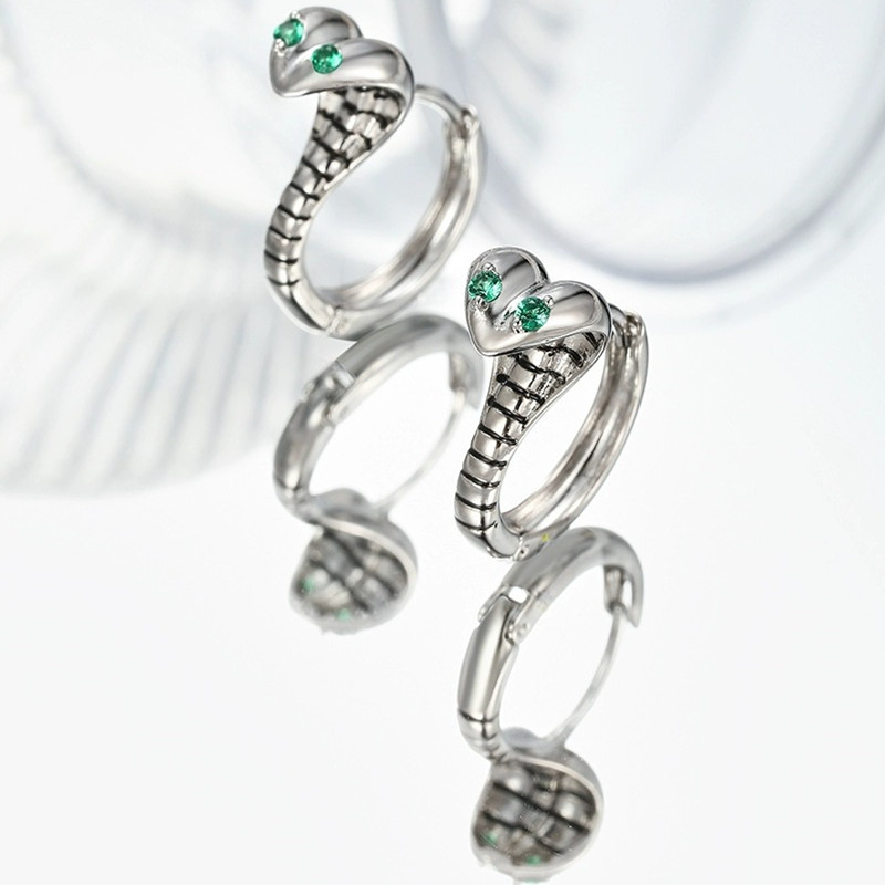 Silver Plated Green Rhinestone Snake Shape Hoop Earrings for Women Men Trendy Hoops Drop Earrings Jewelry Gifts