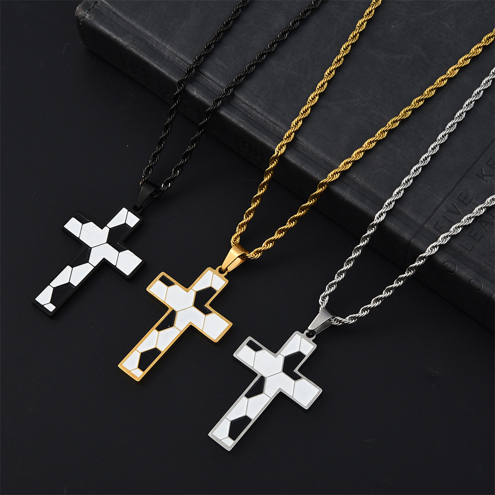 Trendy Sport Cross Necklace Silver Black Gold Plated Stainless Steel Enamel Football Cross Pendant Necklaces for Men Women Jewelry Gifts