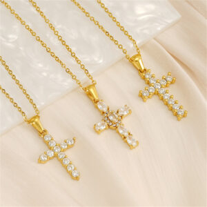 Luxury 18K Gold Plated Stainless Steel Paved Cubic Zirconia Cross Pendant Necklace for Women Trendy Link Chain 18 Inches Choker Neckalces Birthday Wedding Jewelry Gifts