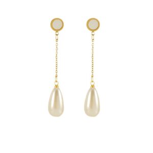 Dainty 18K Gold Plated Stainless Steel Shell Button Stud Earrings Chain Hinged Pearl Drop Dangle Earrings for Women Wedding Party Birthday Jewelry Gifts
