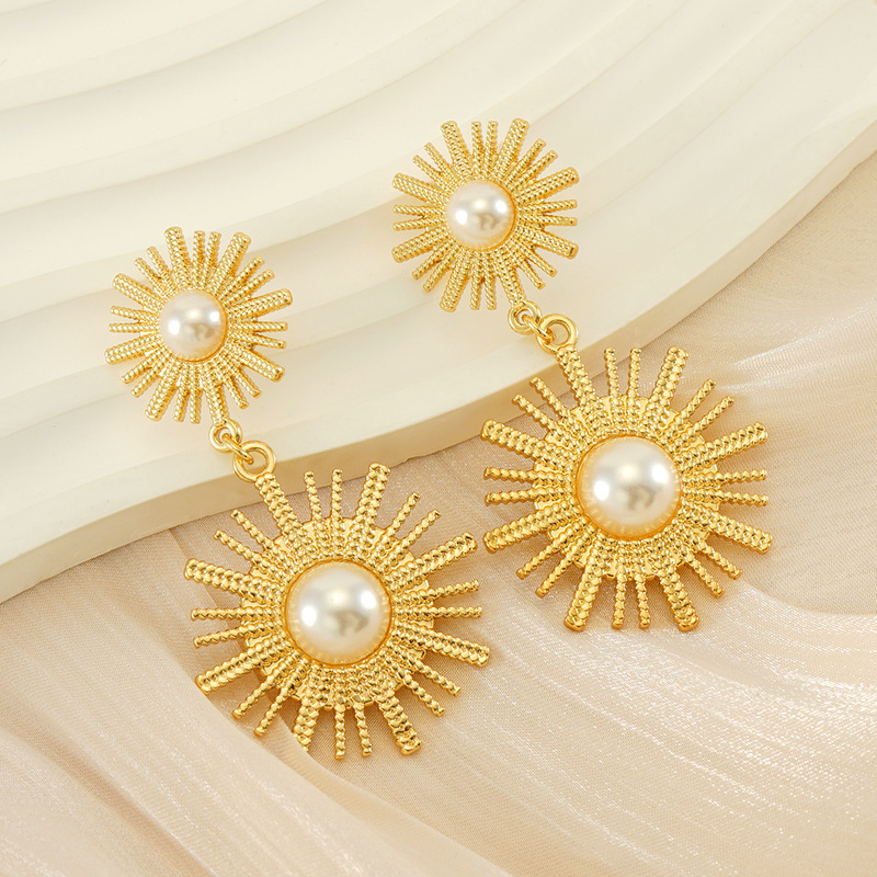 Exaggerated Boho18K Gold Plated Stainless Steel Paved Pearl Double Sun Drop Dangle Earrings for Women Holidy Party Show Trendy Jewelry Accessories