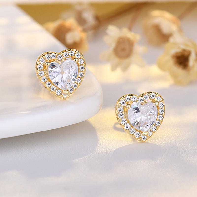 Dainty 18K Gold White Gold CZ Love Heart Stud Earrings for Women S925 Sterling Silver Post Wedding Earrings for Girls Romantic