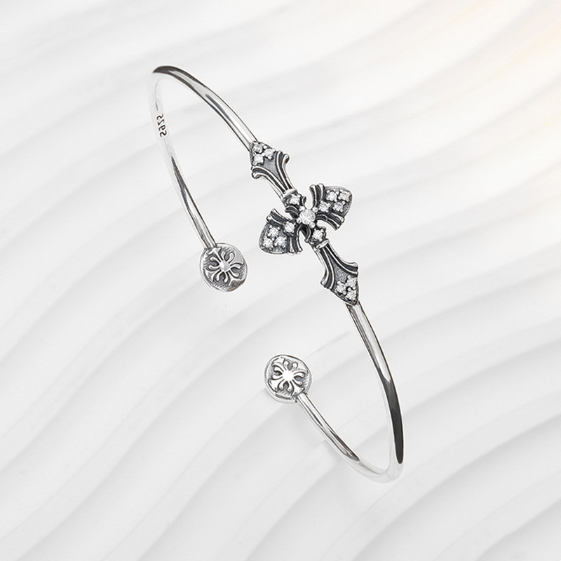 Fine Jewelry Vintage S925 Sterling Silver Rhinestone Cross Cuff Bracelet Bangle for Women Cross Open Bangles for Women Girls Gifts - Image 2