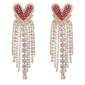 1 Dainty Red Rhinestone Love Heart Stud Earrings Dangling Crystal Tassel Earrings for Women Girls Wedding Party Jewelry Accessories