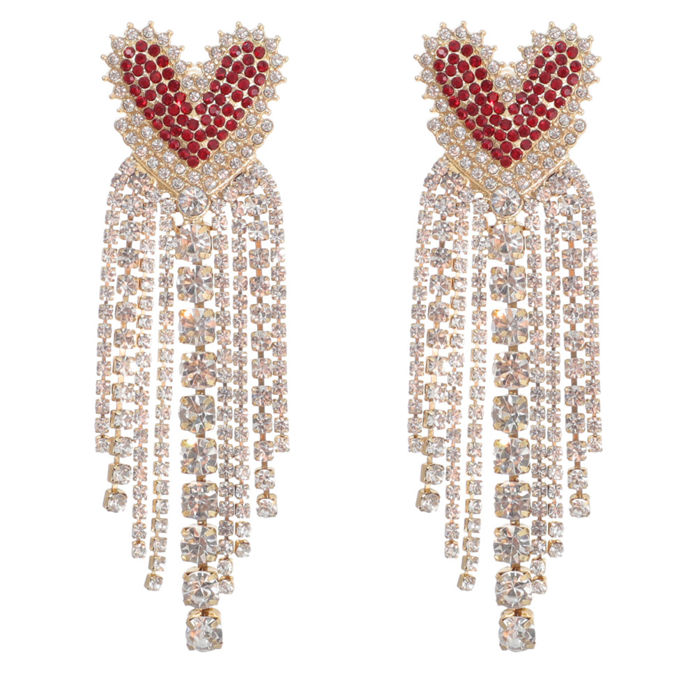 Dainty Red Rhinestone Love Heart Stud Earrings Dangling Crystal Tassel Earrings for Women Girls Wedding Party Jewelry Accessories