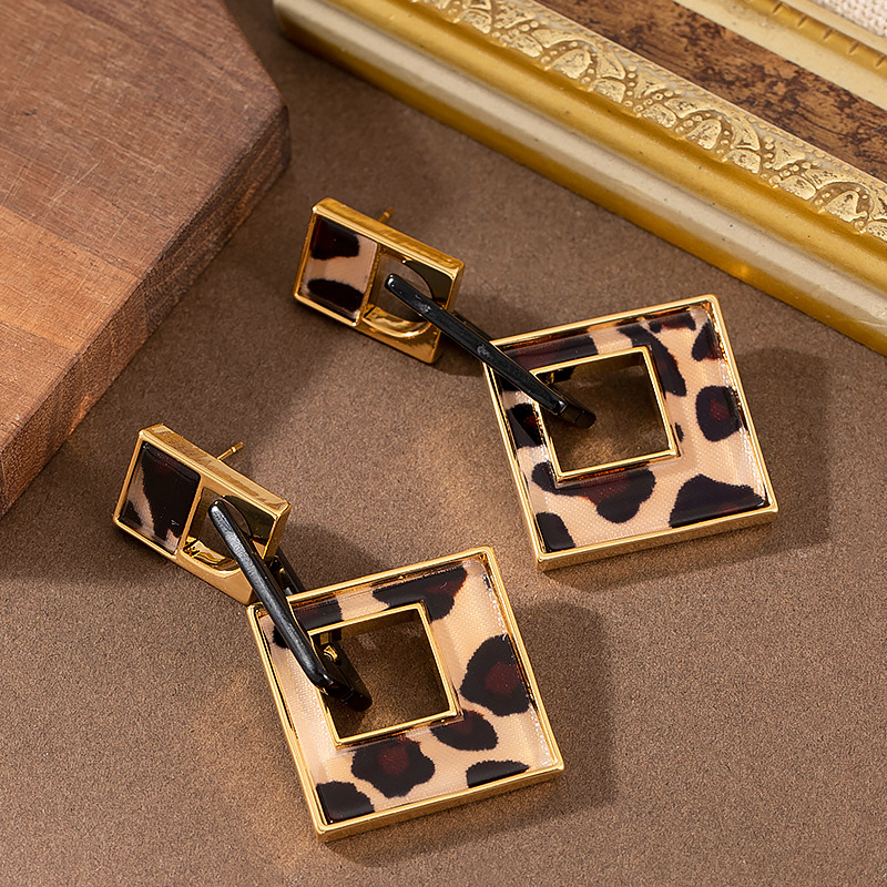 Chic Leopard and Shell Pattern Square Dangle Drop Earrings for Women Girls Trendy S925 Sterling Silver Post Geometric Earrings Jewelry Gifts