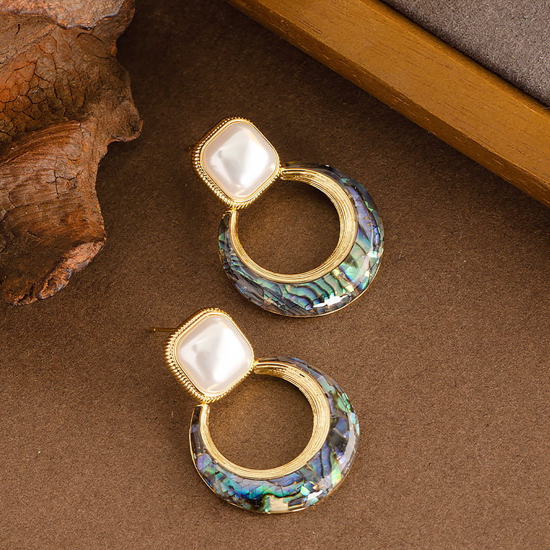 Fine Jewelry 925 Sterling Silver Post Square Pearl Stud Earrings Dangle Geometric Hollow Circle Round Paua Shell Drop Earrings for Women Girls Boho Beach Party Trendy Jewelry - Image 2